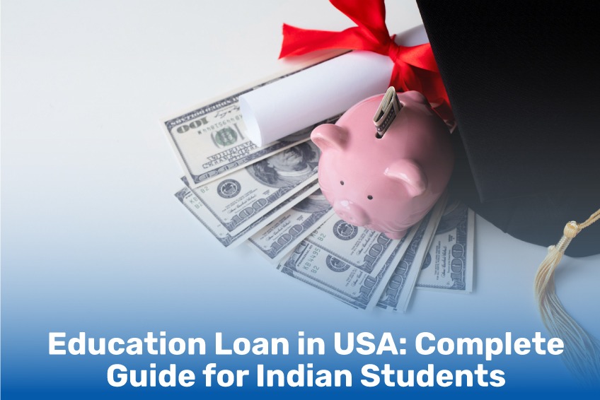 Indian student applying for education loan in USA for higher studies with documents and laptop on desk